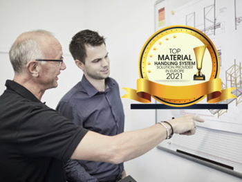 Fotomontage: zwei Mitarbeiter und Siegel „Top Material Handling System Solution Provider in Europe“